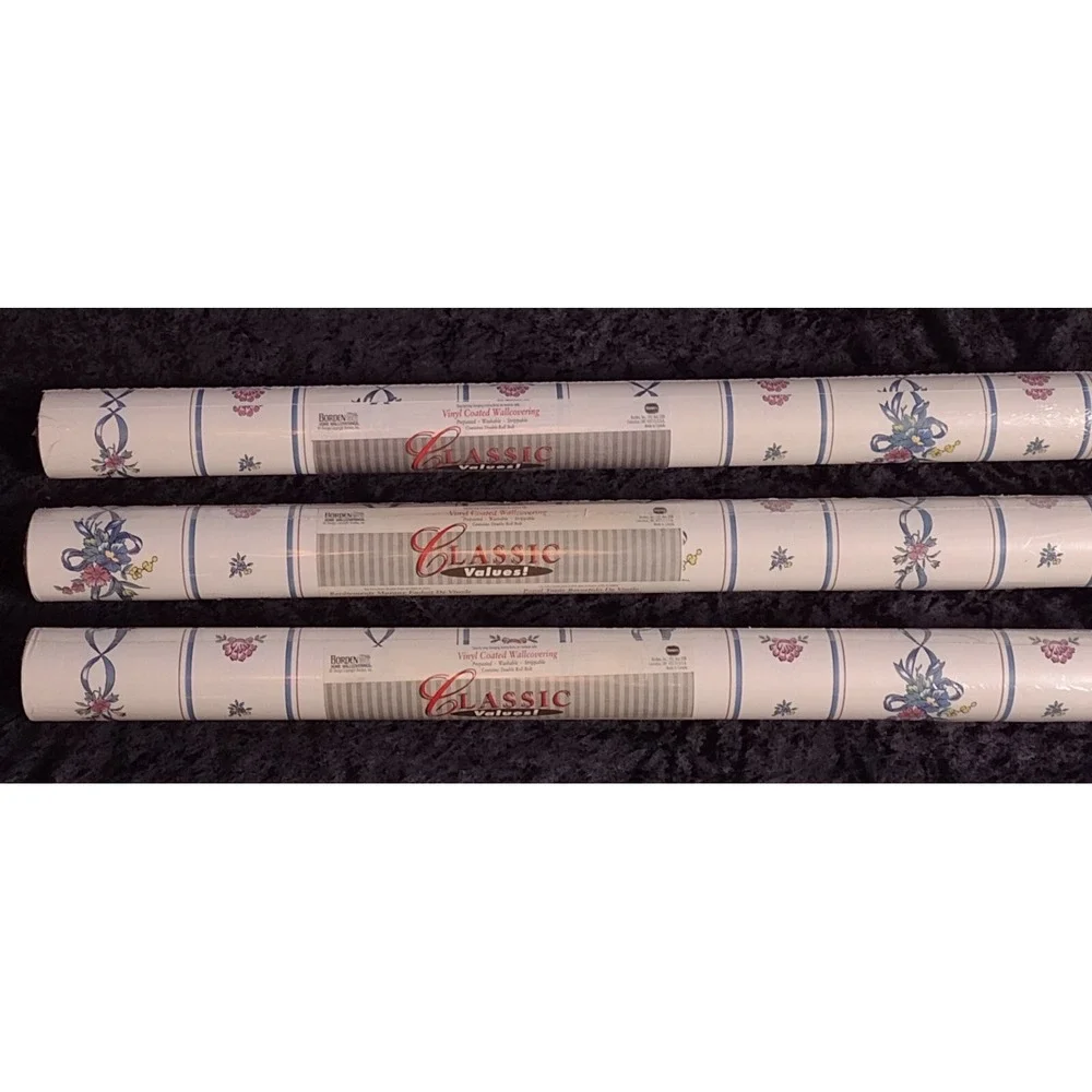 Vintage 3 Rolls Borden Wallpaper Blue Mauve Striped Bows Flowers Cottagecore